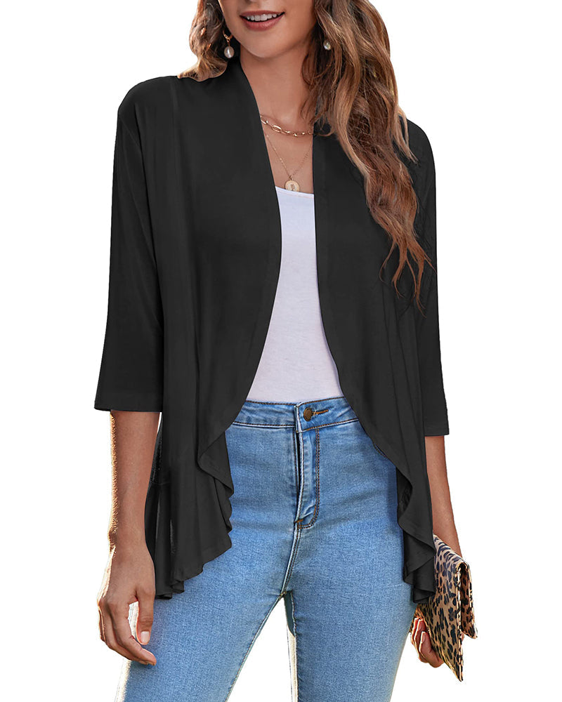 Women's Open Front Cardigan 3/4 Sleeve Draped Ruffles Soft Knit Sweaters - Zeagoo (Us Only)