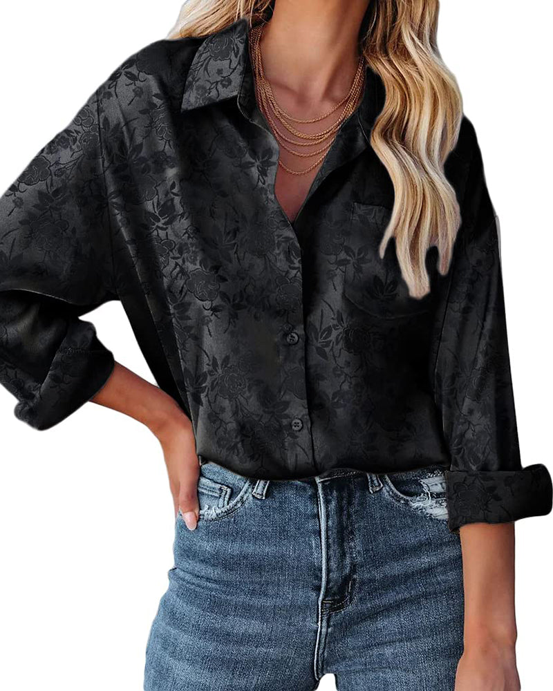 Satin Silk Shirt Floral Button Down Blouse - Zeagoo (Us Only)