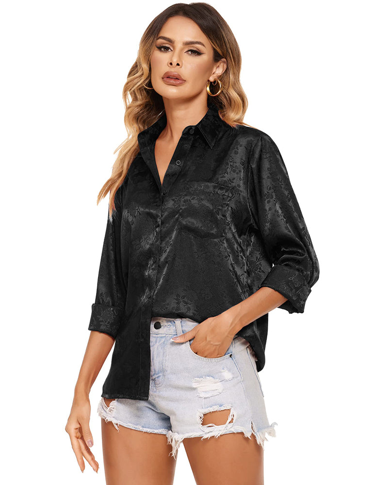 Satin Silk Shirt Floral Button Down Blouse - Zeagoo (Us Only)