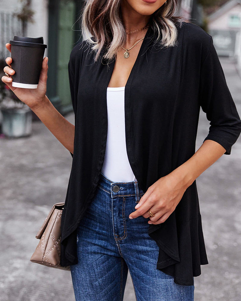 Women's Open Front Cardigan 3/4 Sleeve Draped Ruffles Soft Knit Sweaters - Zeagoo (Us Only)