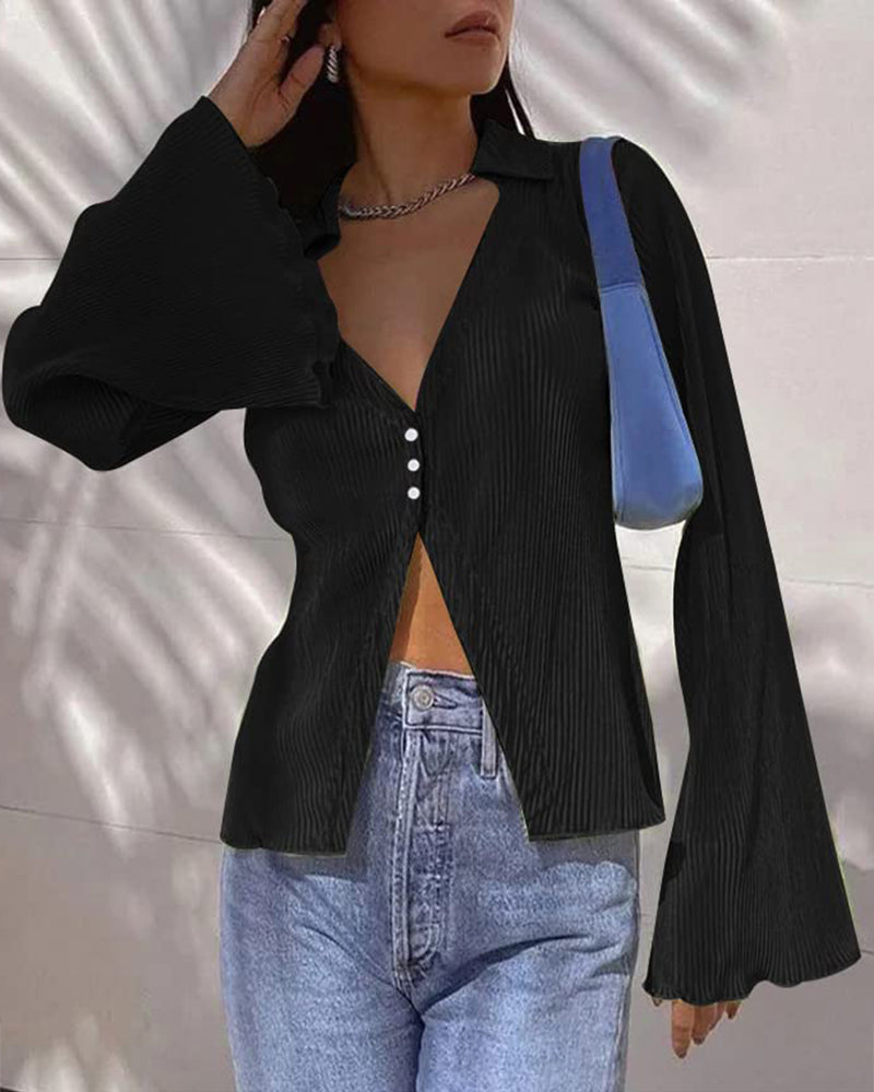 Women's Deep V Neck Shirt Button Front Blouse Bell Long Sleeve Tops - Zeagoo (Us Only)