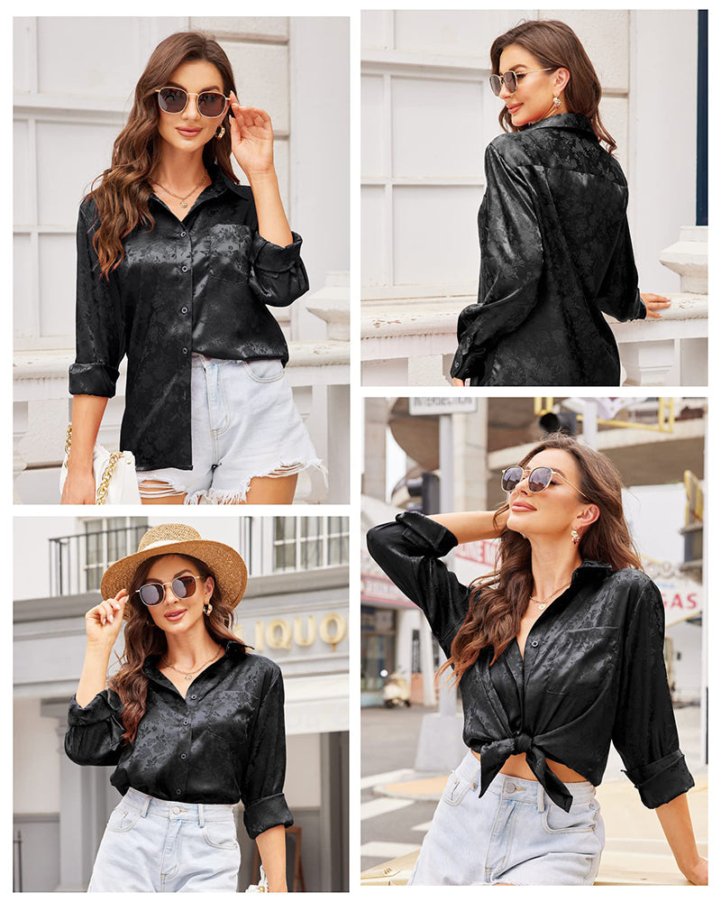 Satin Silk Shirt Floral Button Down Blouse - Zeagoo (Us Only)