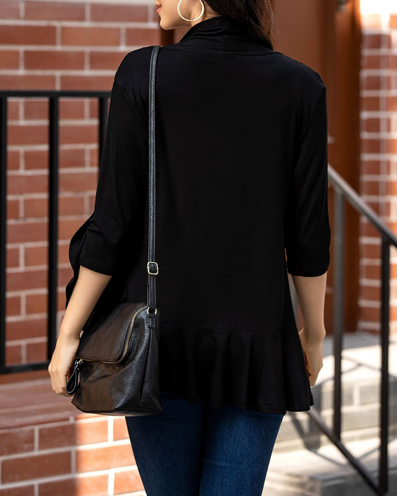 Women's Open Front Cardigan 3/4 Sleeve Draped Ruffles Soft Knit Sweaters - Zeagoo (Us Only)