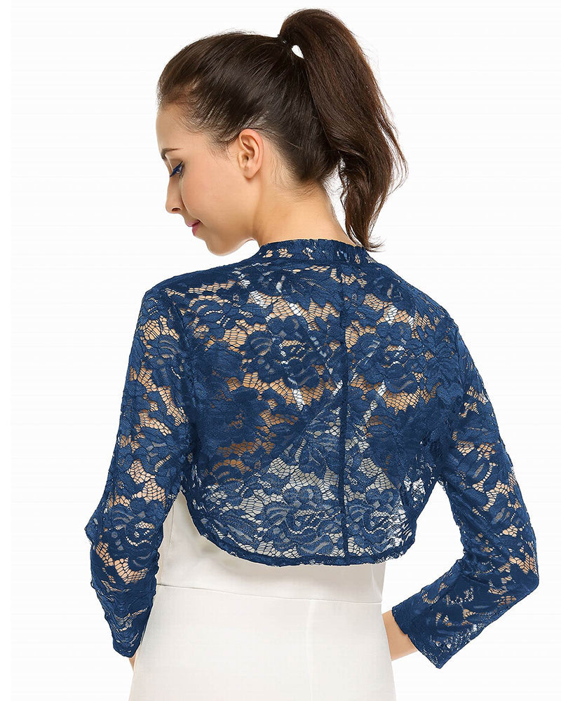 Women's 3 4 Sleeve Bolero Shrugs Crochet Lace Open Cardigan - Zeagoo (Us Only)
