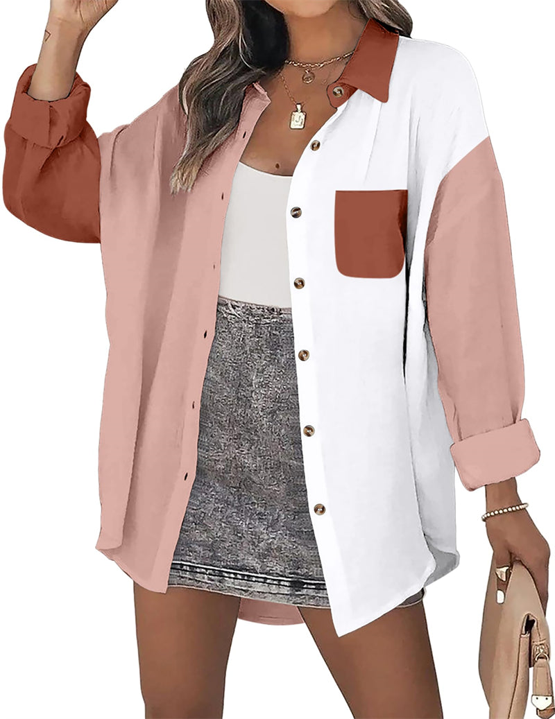 Color Block Button Down Shirts Long Sleeve Linen Shirt-Zeagoo