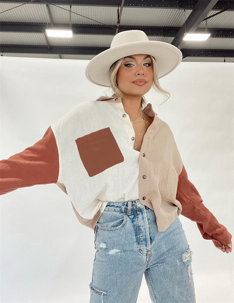 Color Block Button Down Shirts Long Sleeve Linen Shirt-Zeagoo