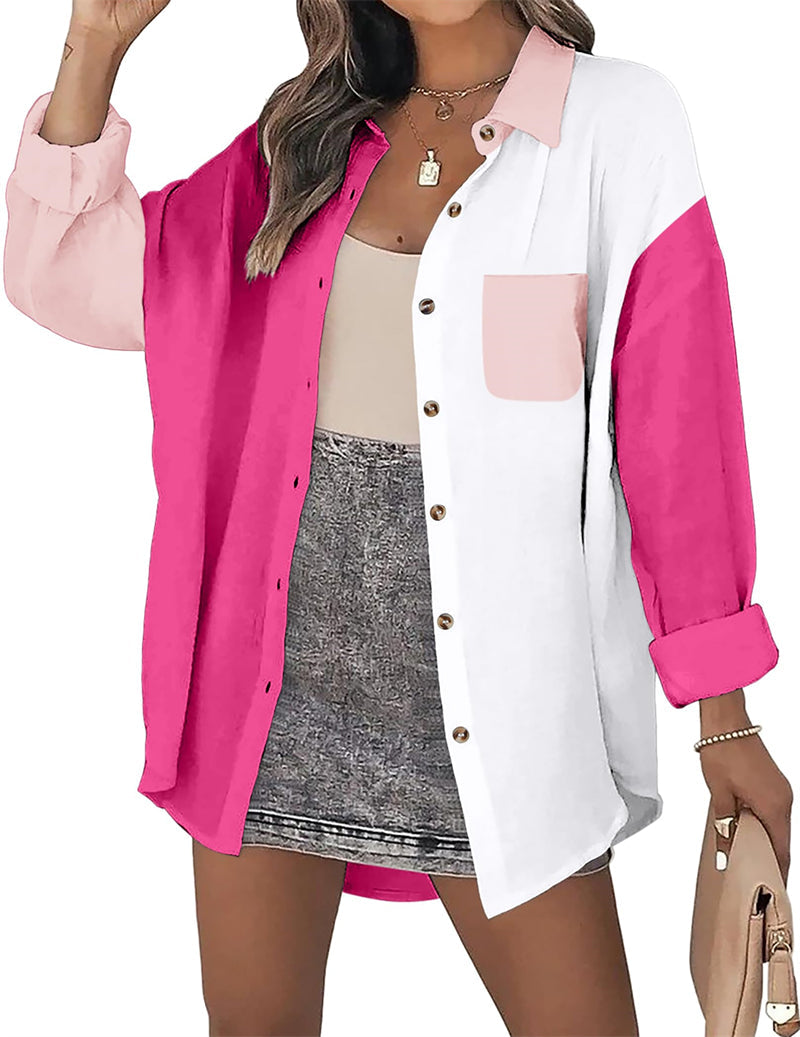 Color Block Button Down Shirts Long Sleeve Linen Shirt-Zeagoo