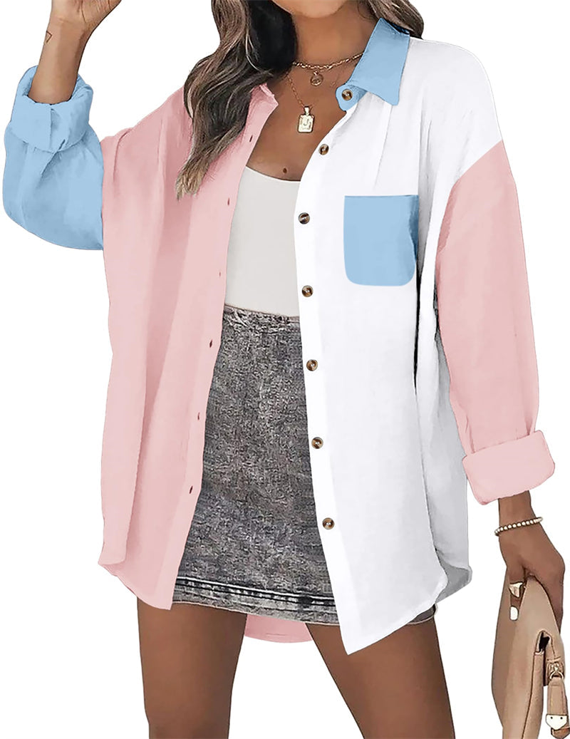 Color Block Button Down Shirts Long Sleeve Linen Shirt-Zeagoo