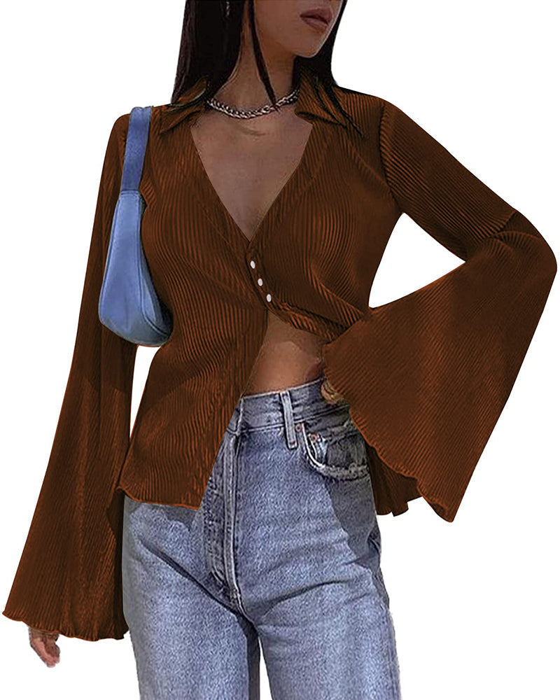 Women's Deep V Neck Shirt Button Front Blouse Bell Long Sleeve Tops - Zeagoo (Us Only)
