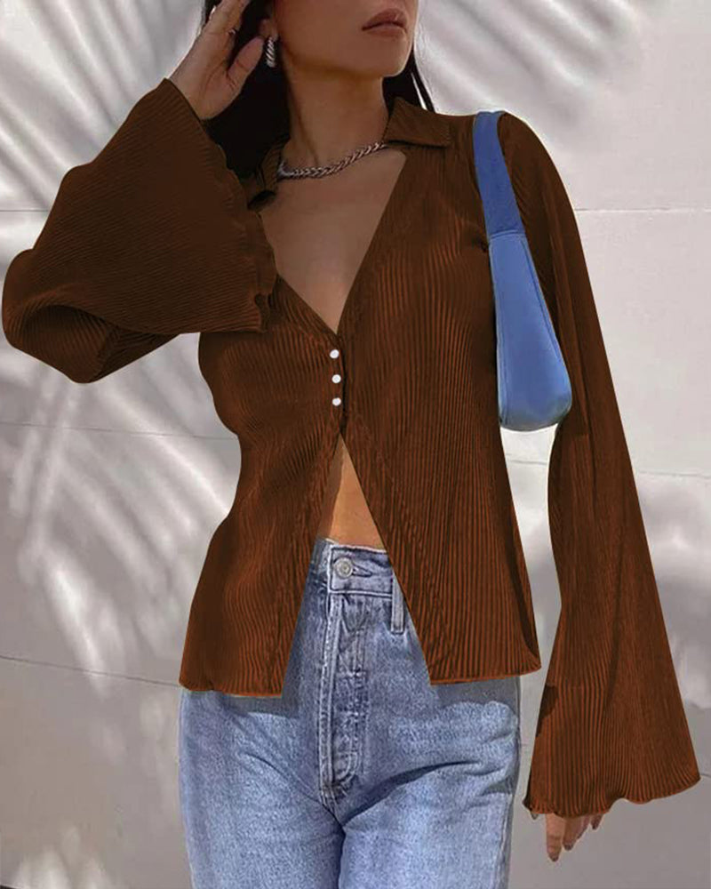 Women's Deep V Neck Shirt Button Front Blouse Bell Long Sleeve Tops - Zeagoo (Us Only)