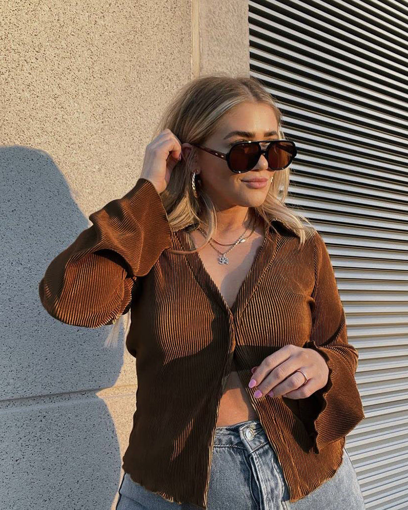 Women's Deep V Neck Shirt Button Front Blouse Bell Long Sleeve Tops - Zeagoo (Us Only)