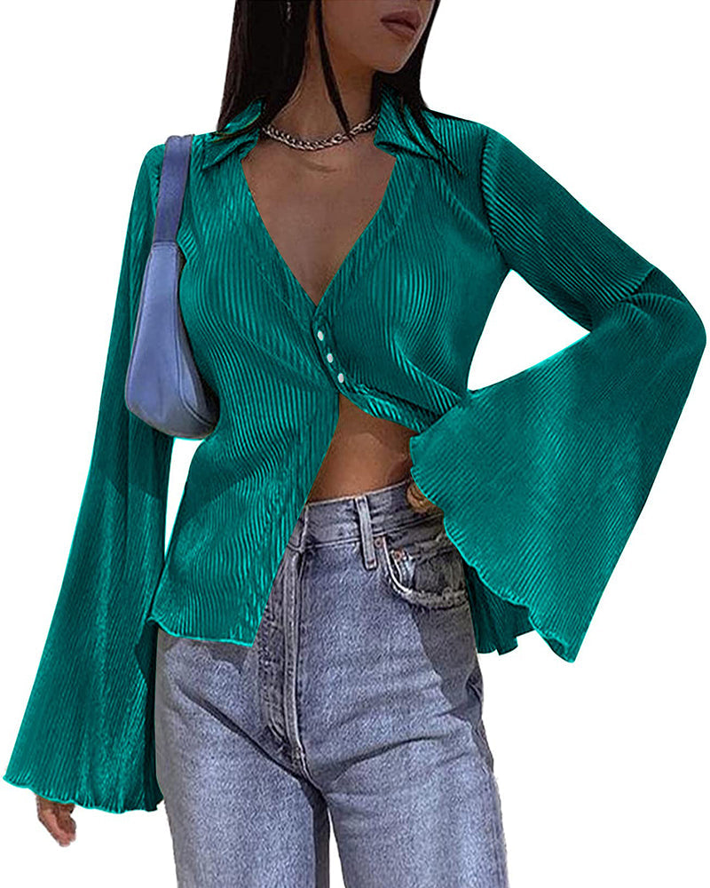 Women's Deep V Neck Shirt Button Front Blouse Bell Long Sleeve Tops - Zeagoo (Us Only)