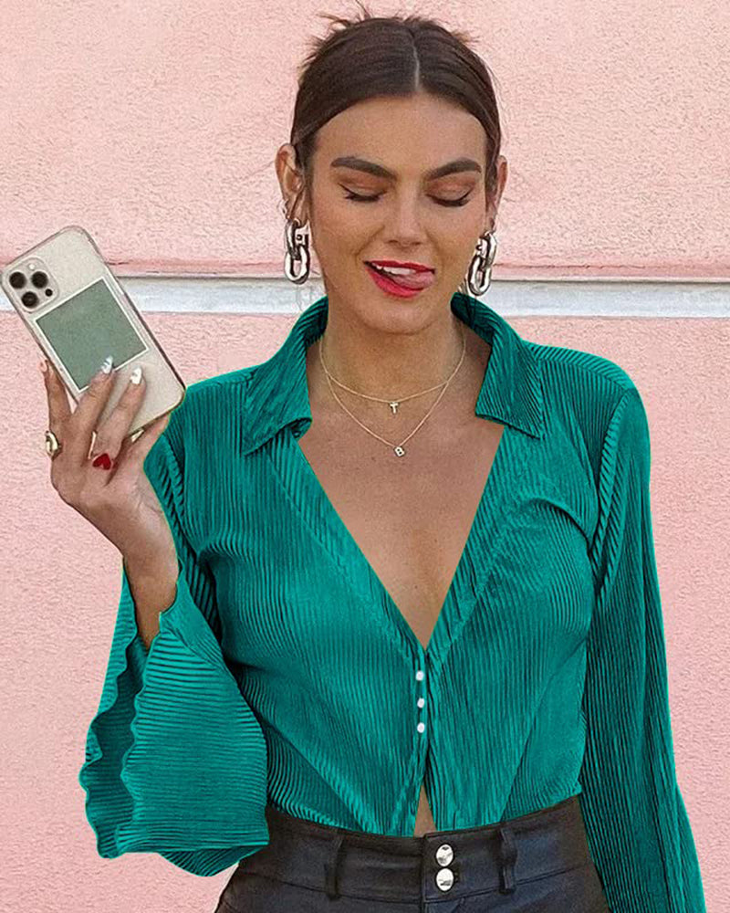 Women's Deep V Neck Shirt Button Front Blouse Bell Long Sleeve Tops - Zeagoo (Us Only)