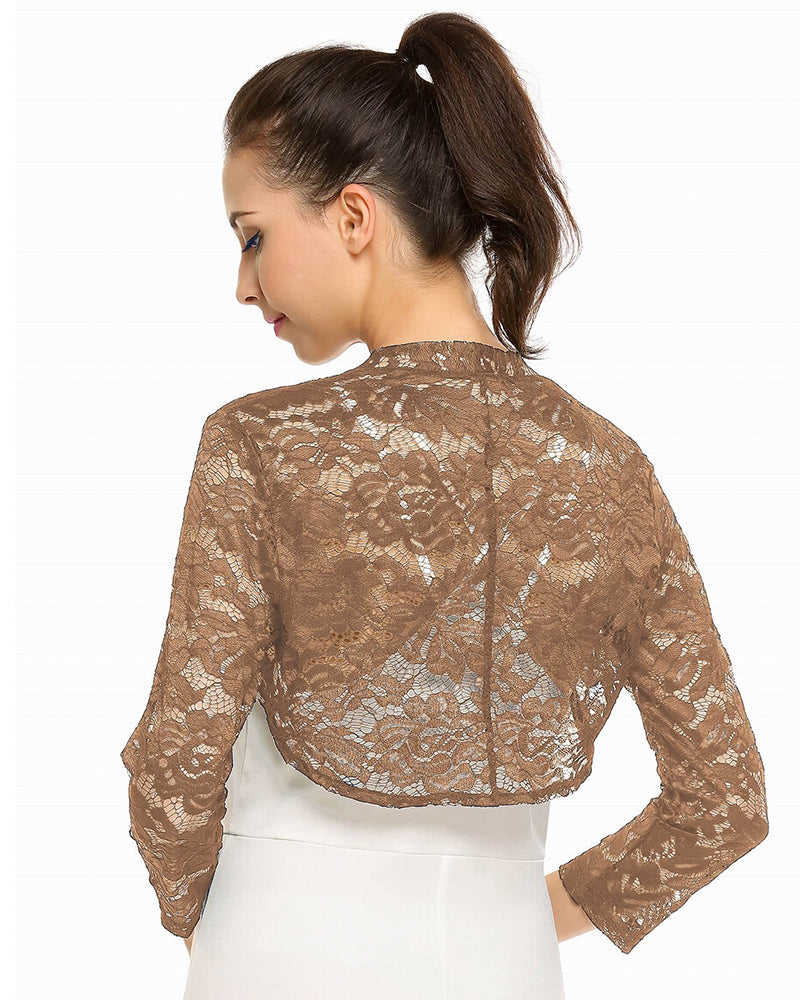 Women's 3 4 Sleeve Bolero Shrugs Crochet Lace Open Cardigan - Zeagoo (Us Only)