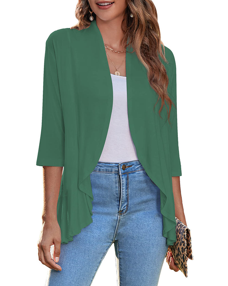 Women's Open Front Cardigan 3/4 Sleeve Draped Ruffles Soft Knit Sweaters - Zeagoo (Us Only)