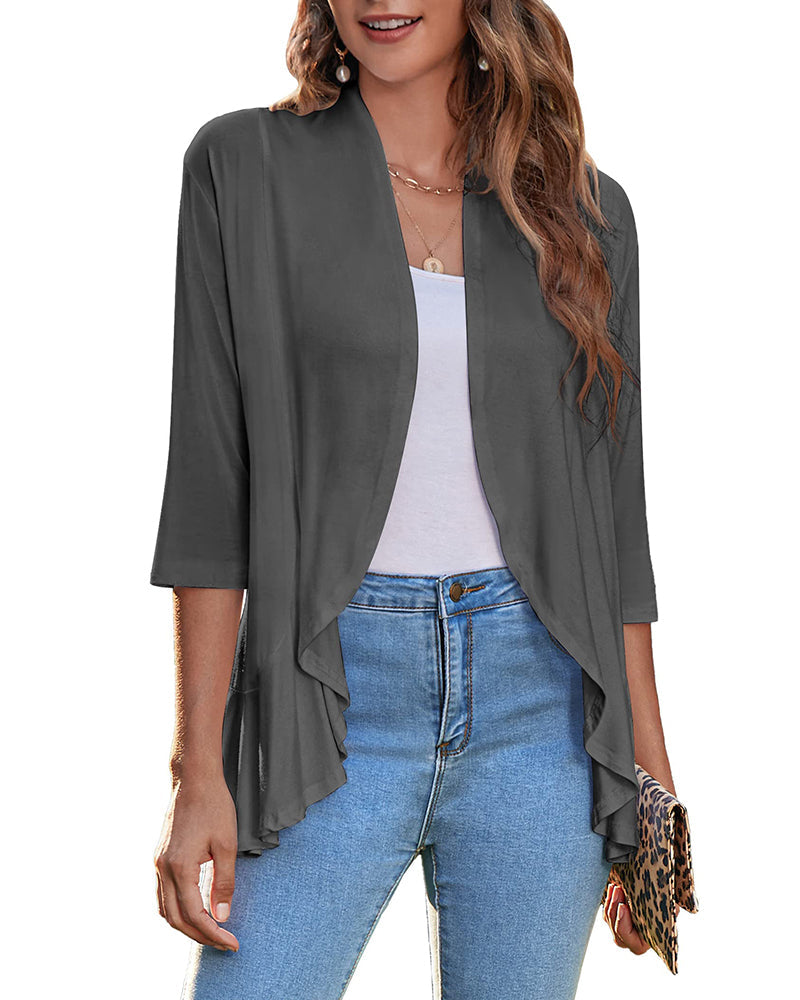 Women's Open Front Cardigan 3/4 Sleeve Draped Ruffles Soft Knit Sweaters - Zeagoo (Us Only)