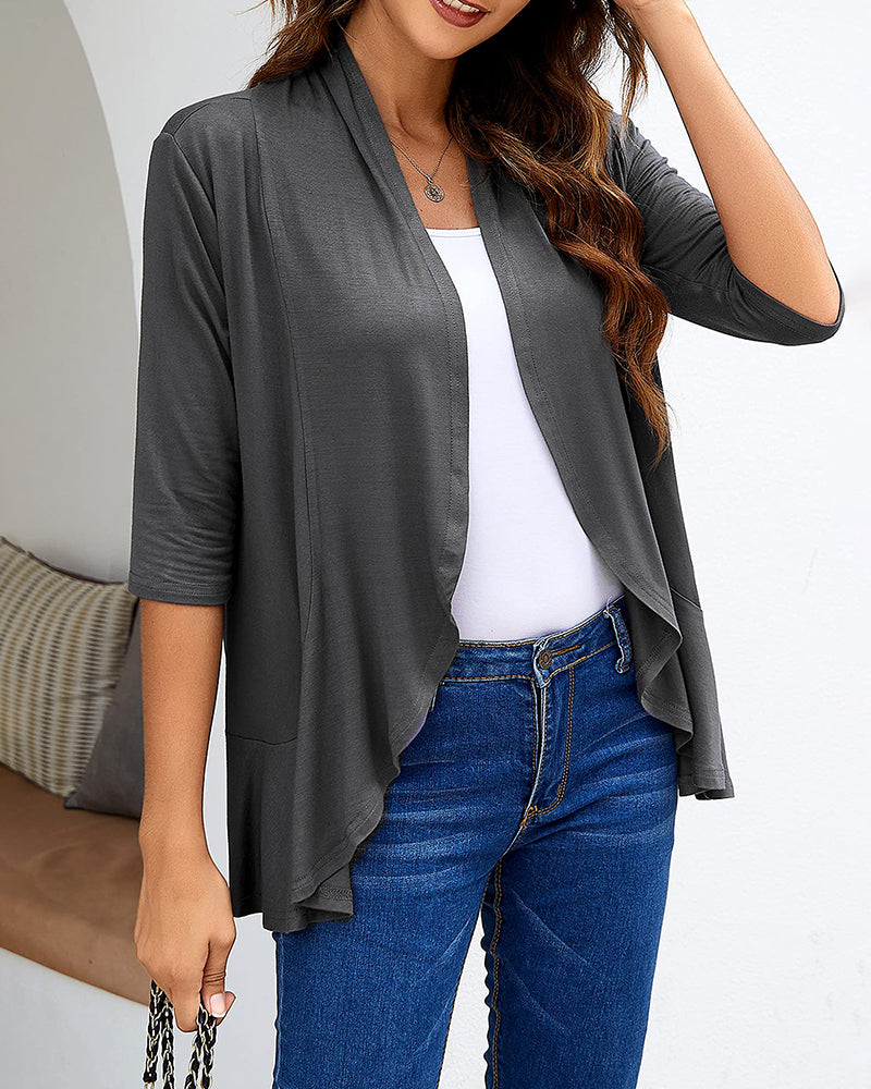 Women's Open Front Cardigan 3/4 Sleeve Draped Ruffles Soft Knit Sweaters - Zeagoo (Us Only)