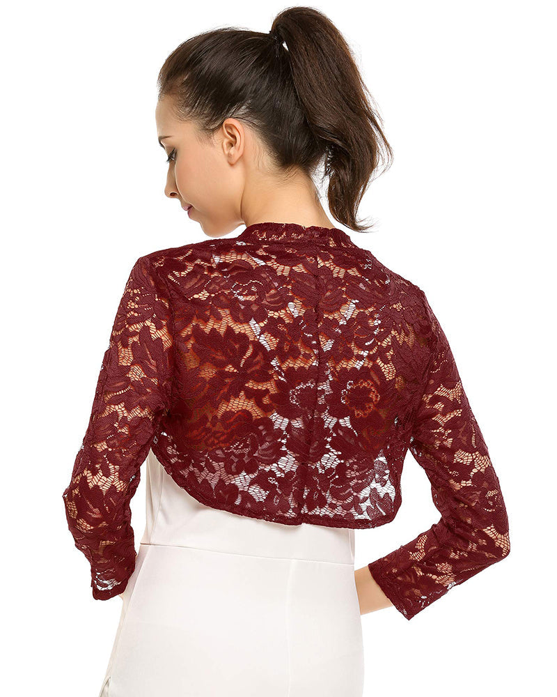 Women's 3 4 Sleeve Bolero Shrugs Crochet Lace Open Cardigan - Zeagoo (Us Only)