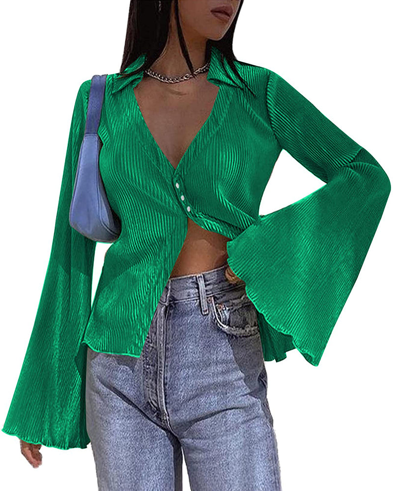 Women's Deep V Neck Shirt Button Front Blouse Bell Long Sleeve Tops - Zeagoo (Us Only)