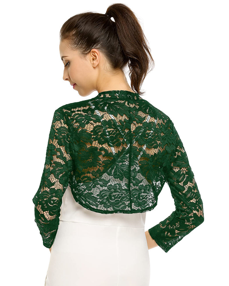 Women's 3 4 Sleeve Bolero Shrugs Crochet Lace Open Cardigan - Zeagoo (Us Only)
