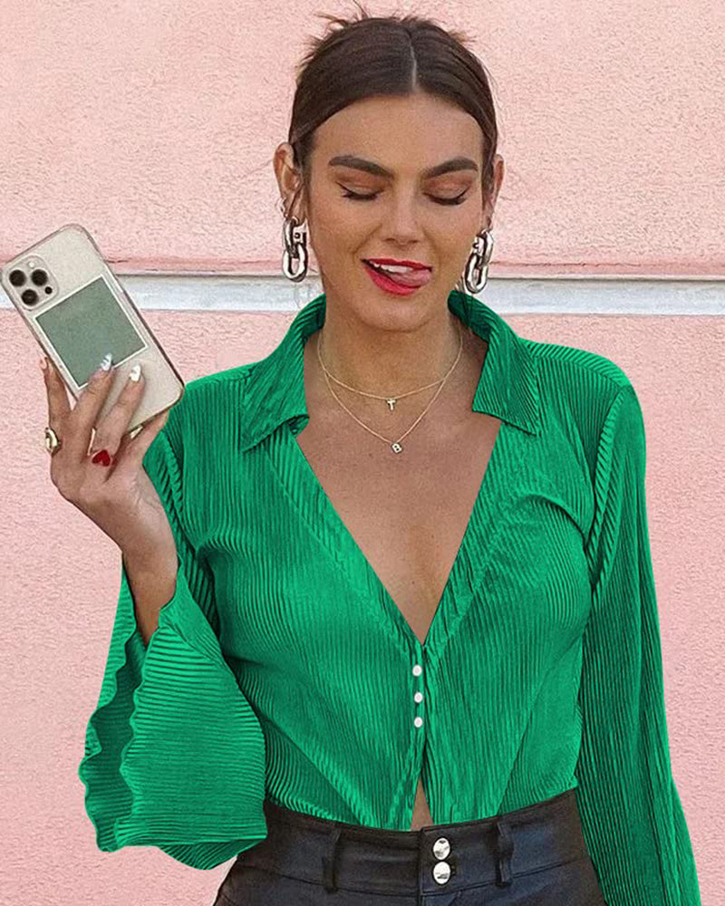 Women's Deep V Neck Shirt Button Front Blouse Bell Long Sleeve Tops - Zeagoo (Us Only)