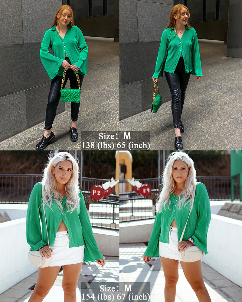 Women's Deep V Neck Shirt Button Front Blouse Bell Long Sleeve Tops - Zeagoo (Us Only)