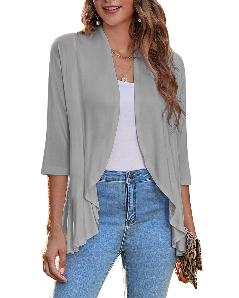 Women's Open Front Cardigan 3/4 Sleeve Draped Ruffles Soft Knit Sweaters - Zeagoo (Us Only)
