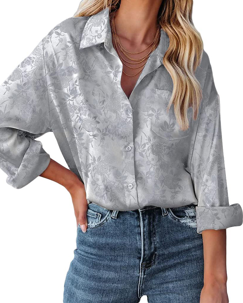 Satin Silk Shirt Floral Button Down Blouse - Zeagoo (Us Only)