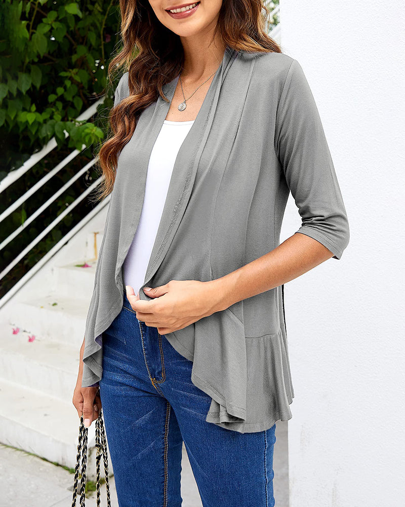 Women's Open Front Cardigan 3/4 Sleeve Draped Ruffles Soft Knit Sweaters - Zeagoo (Us Only)