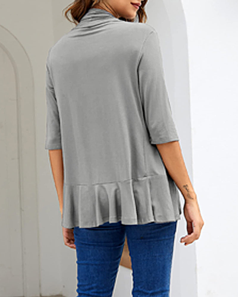 Women's Open Front Cardigan 3/4 Sleeve Draped Ruffles Soft Knit Sweaters - Zeagoo (Us Only)