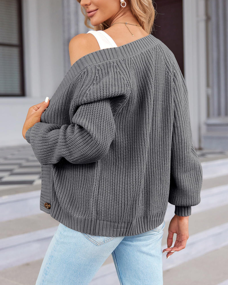 Zeagoo Women's 2023 Fall Chunky Knit Cardigans Open Front Long Sleeve V Neck Button Loose Cardigan Sweaters