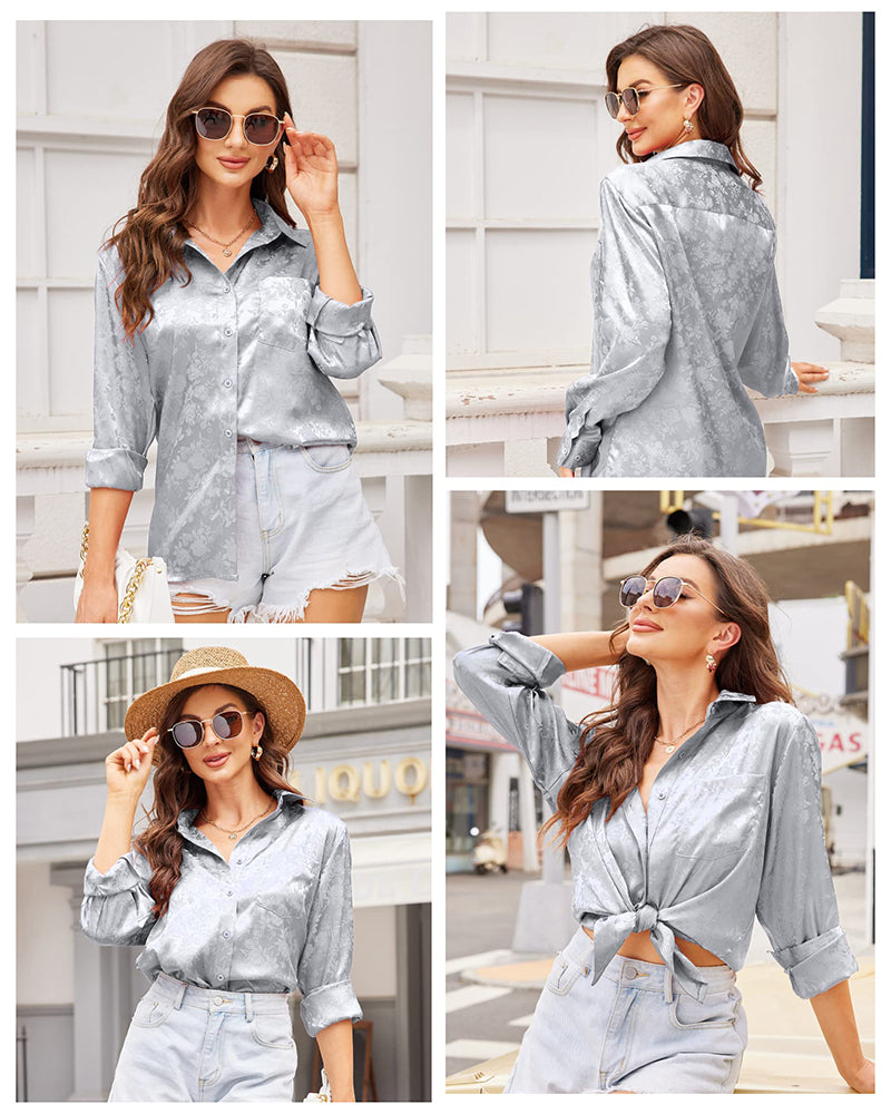Satin Silk Shirt Floral Button Down Blouse - Zeagoo (Us Only)