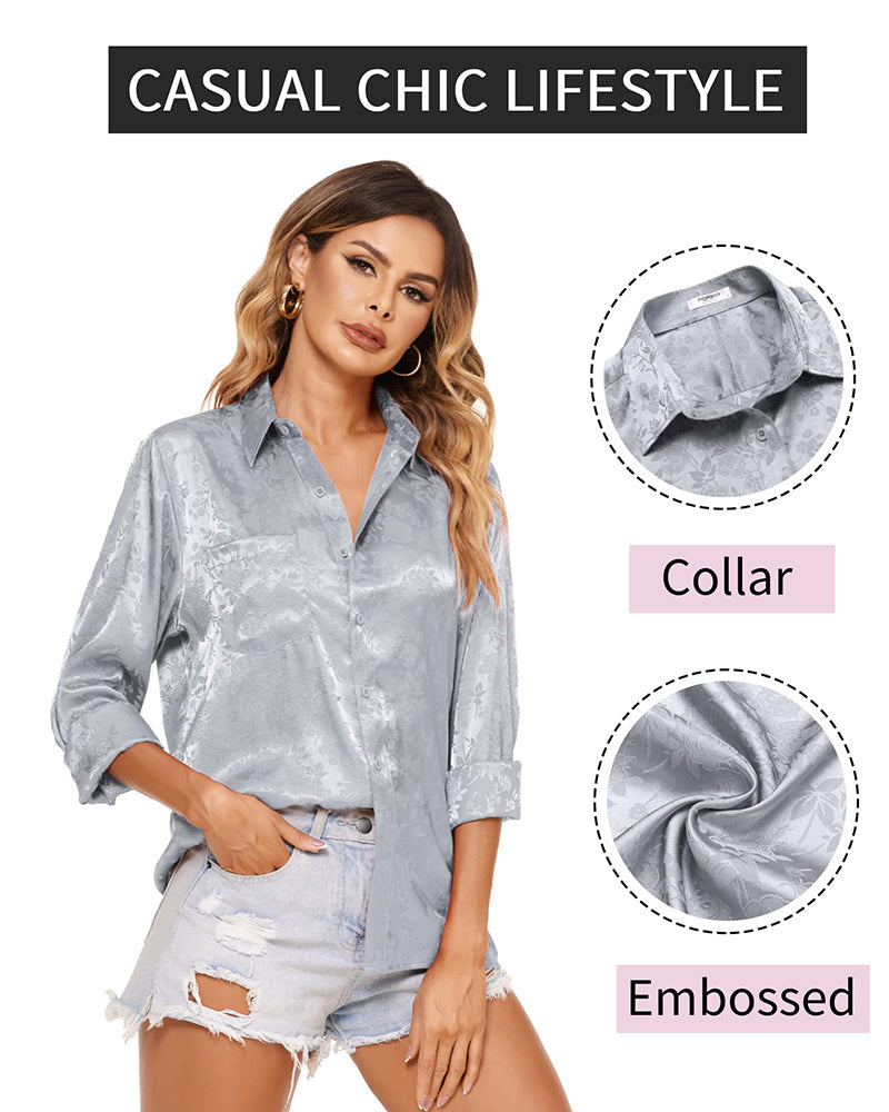 Satin Silk Shirt Floral Button Down Blouse - Zeagoo (Us Only)