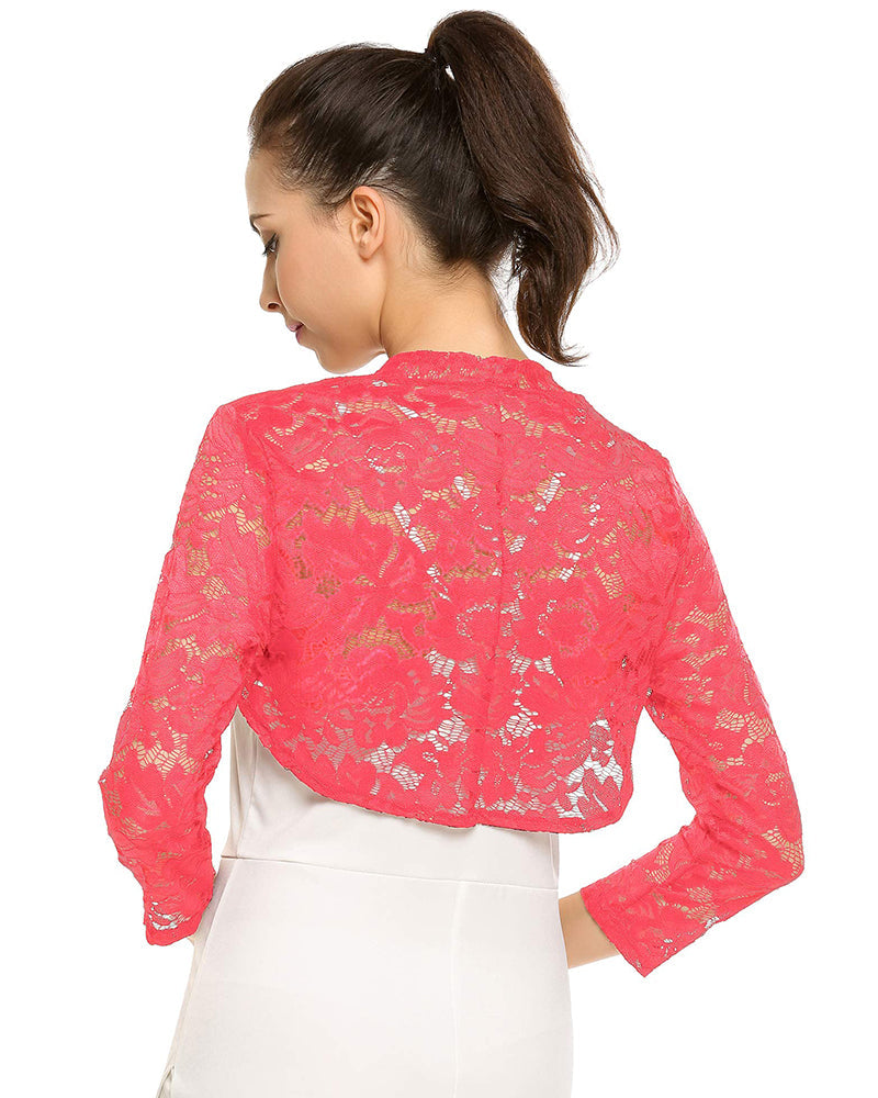 Women's 3 4 Sleeve Bolero Shrugs Crochet Lace Open Cardigan - Zeagoo (Us Only)