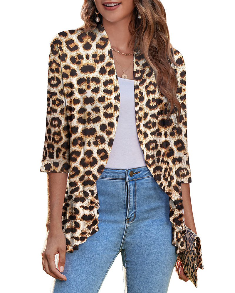Women's Open Front Cardigan 3/4 Sleeve Draped Ruffles Soft Knit Sweaters - Zeagoo (Us Only)