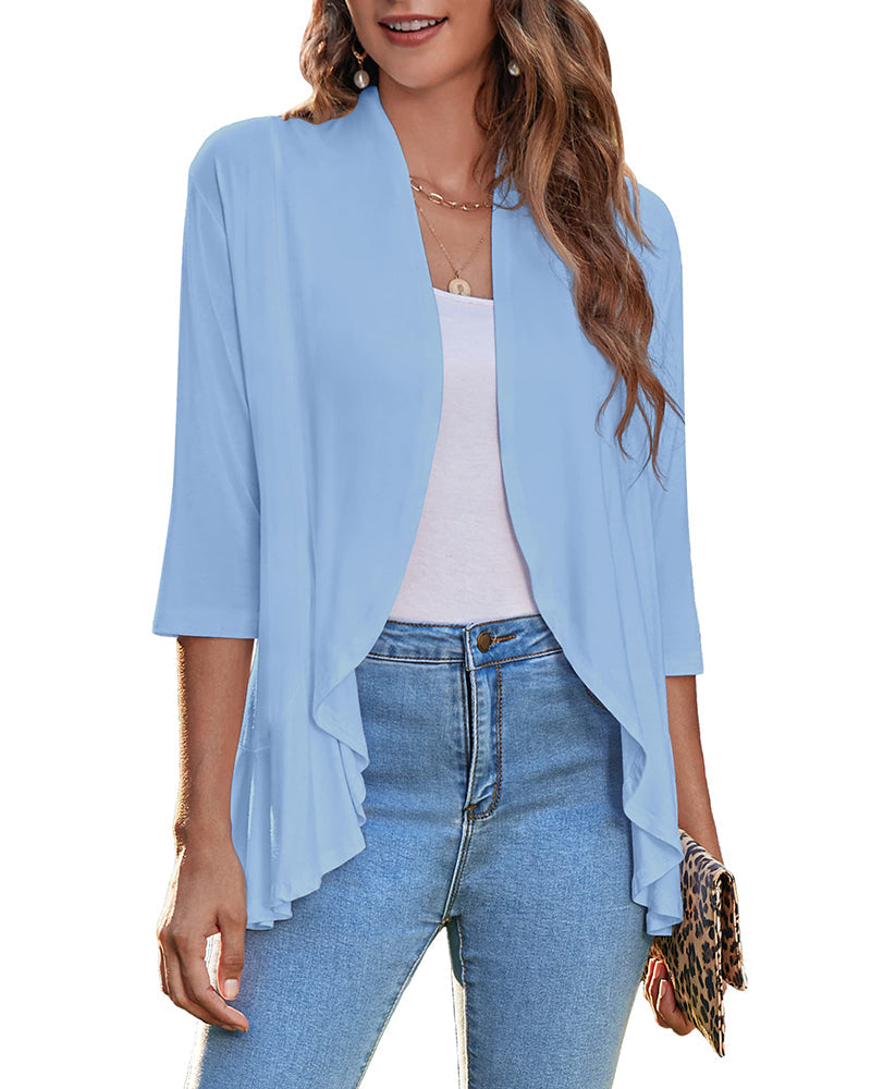 Women's Open Front Cardigan 3/4 Sleeve Draped Ruffles Soft Knit Sweaters - Zeagoo (Us Only)