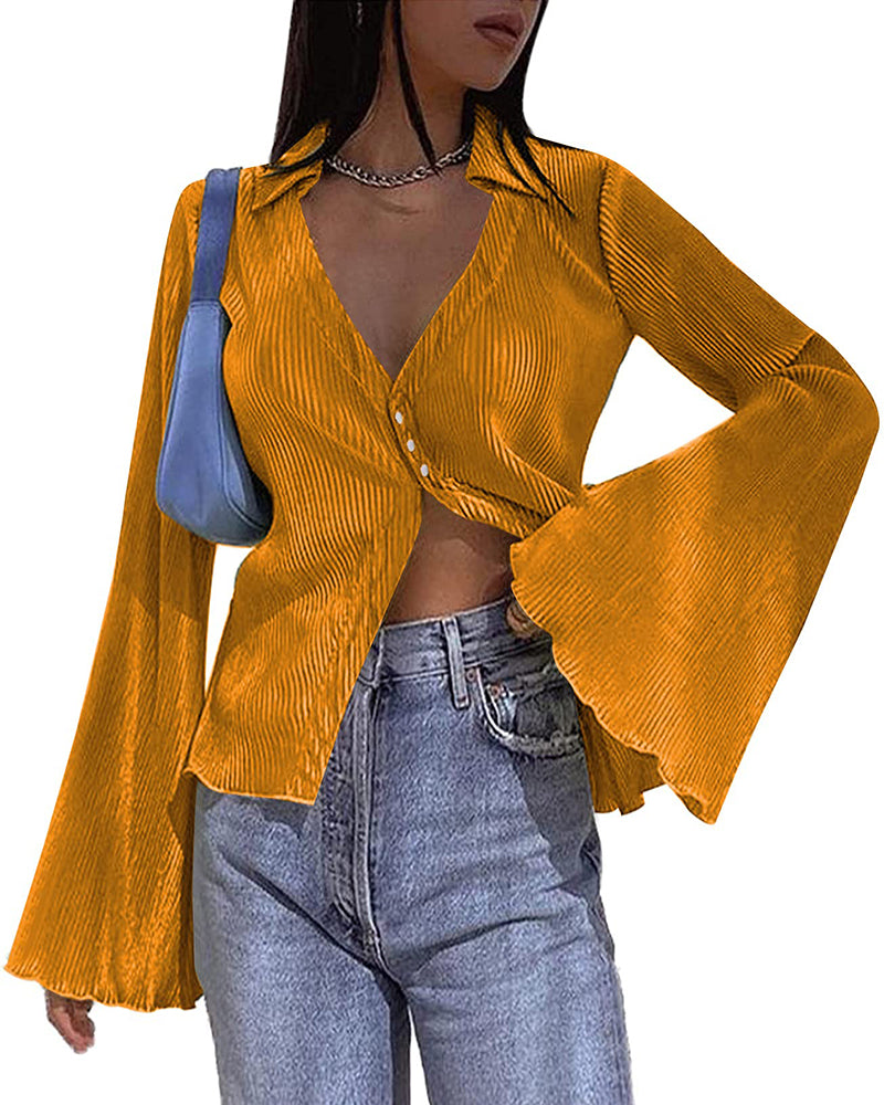Women's Deep V Neck Shirt Button Front Blouse Bell Long Sleeve Tops - Zeagoo (Us Only)