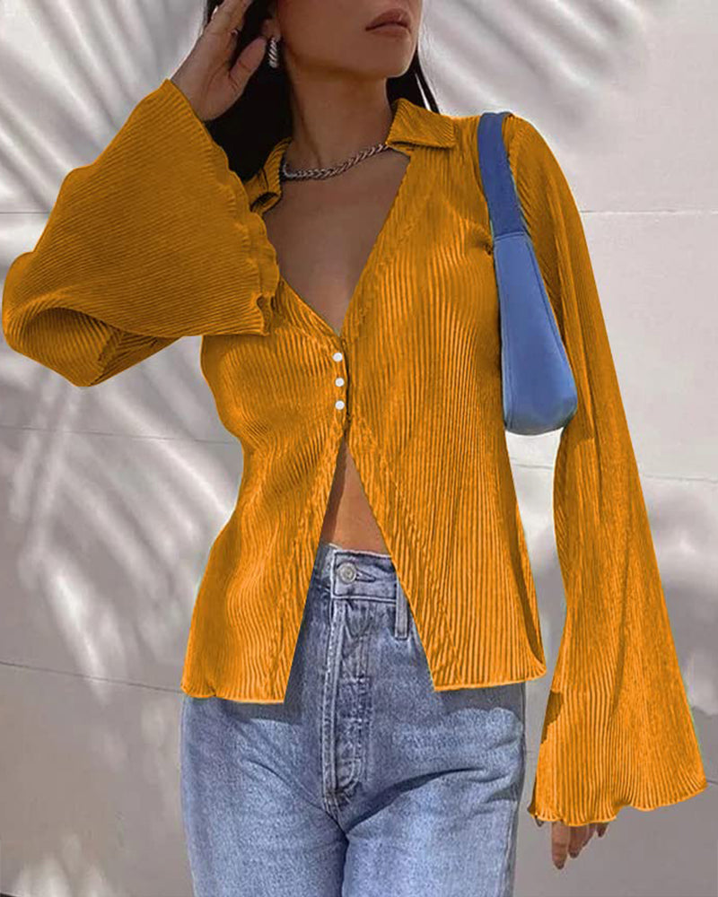 Women's Deep V Neck Shirt Button Front Blouse Bell Long Sleeve Tops - Zeagoo (Us Only)