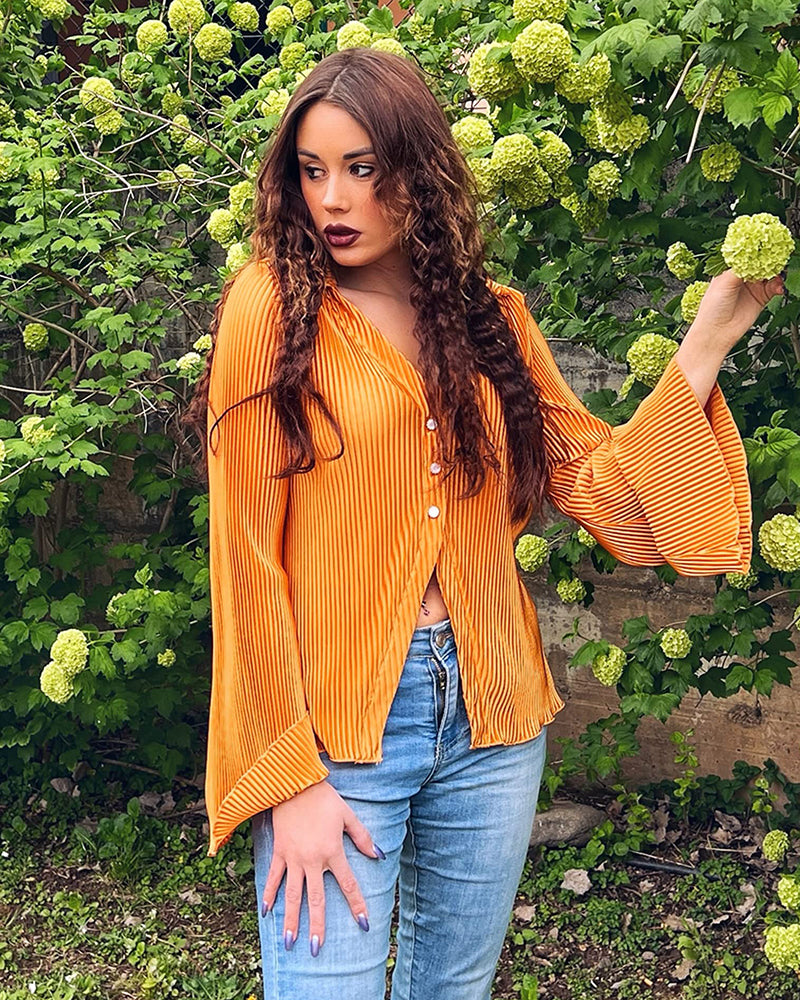 Women's Deep V Neck Shirt Button Front Blouse Bell Long Sleeve Tops - Zeagoo (Us Only)