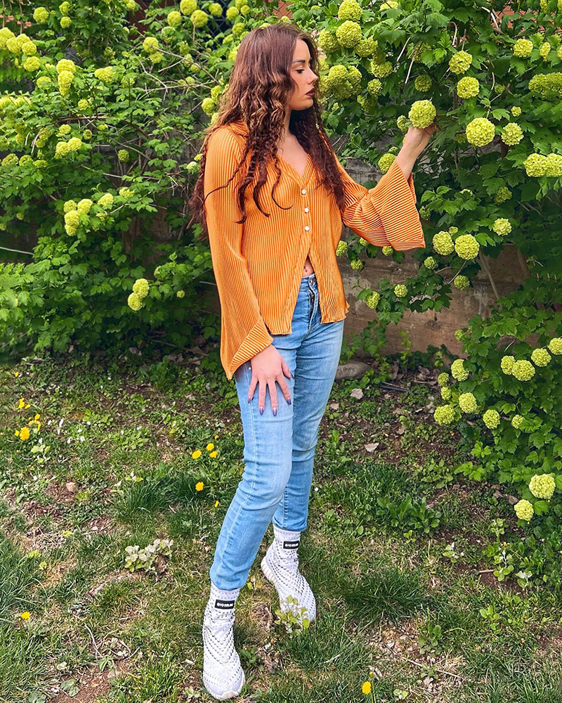 Women's Deep V Neck Shirt Button Front Blouse Bell Long Sleeve Tops - Zeagoo (Us Only)