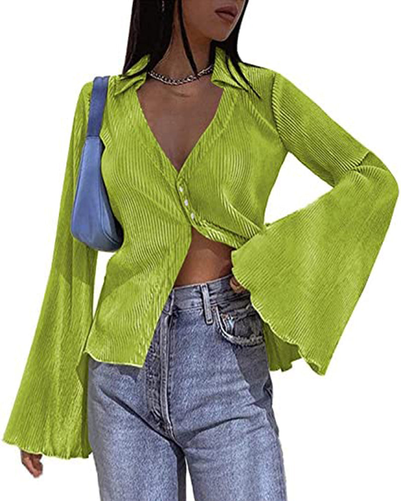 Women's Deep V Neck Shirt Button Front Blouse Bell Long Sleeve Tops - Zeagoo (Us Only)