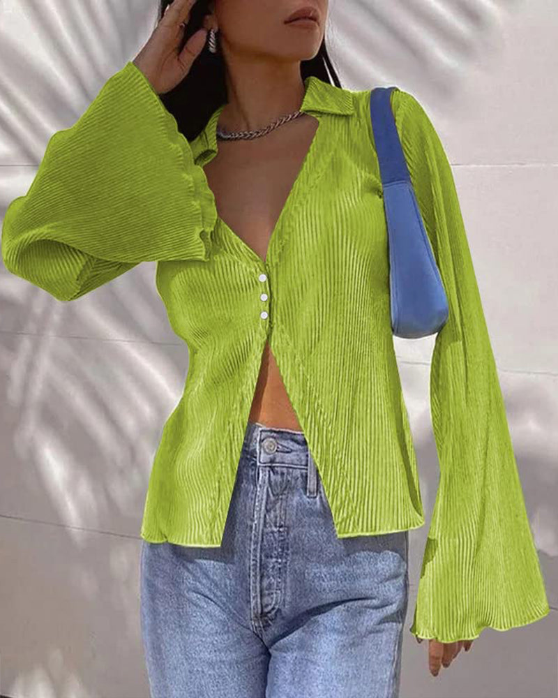 Women's Deep V Neck Shirt Button Front Blouse Bell Long Sleeve Tops - Zeagoo (Us Only)