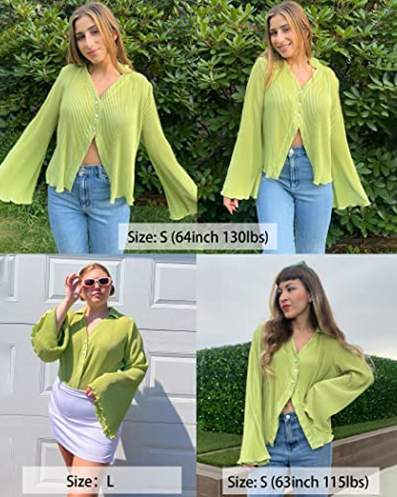 Women's Deep V Neck Shirt Button Front Blouse Bell Long Sleeve Tops - Zeagoo (Us Only)