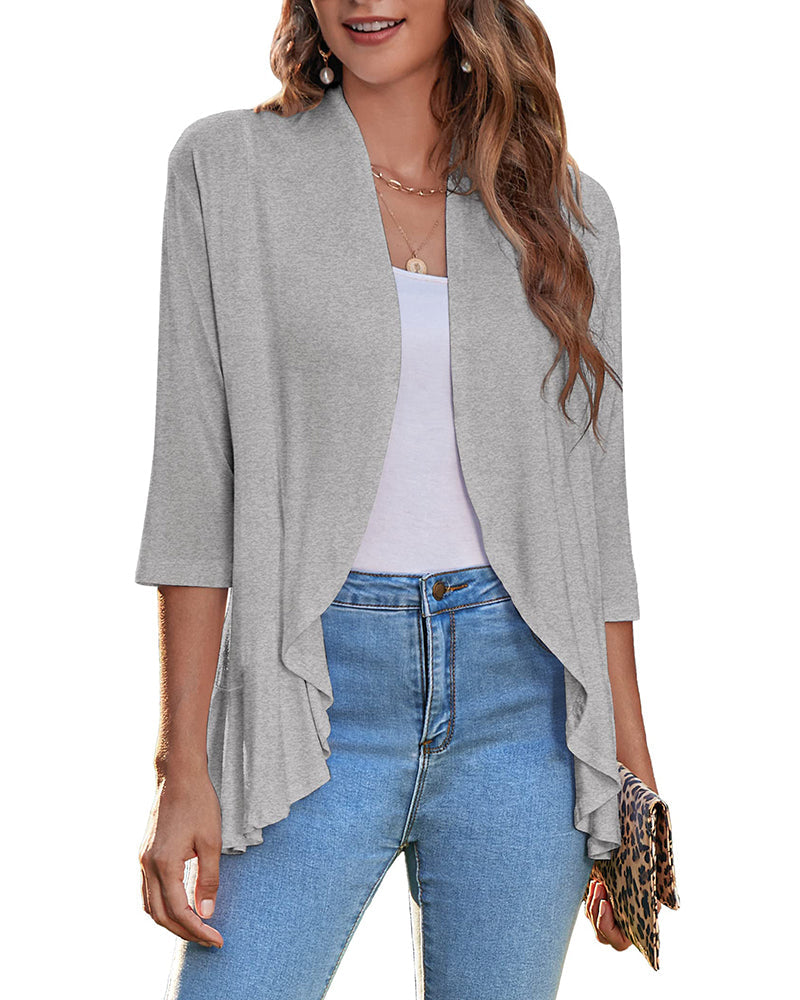 Women's Open Front Cardigan 3/4 Sleeve Draped Ruffles Soft Knit Sweaters - Zeagoo (Us Only)