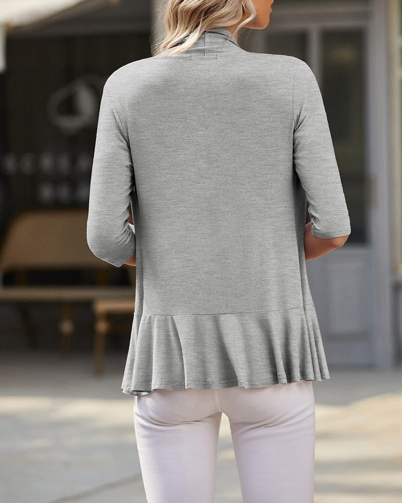 Women's Open Front Cardigan 3/4 Sleeve Draped Ruffles Soft Knit Sweaters - Zeagoo (Us Only)
