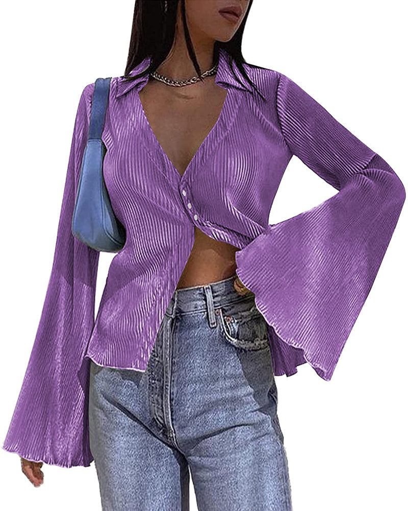 Women's Deep V Neck Shirt Button Front Blouse Bell Long Sleeve Tops - Zeagoo (Us Only)