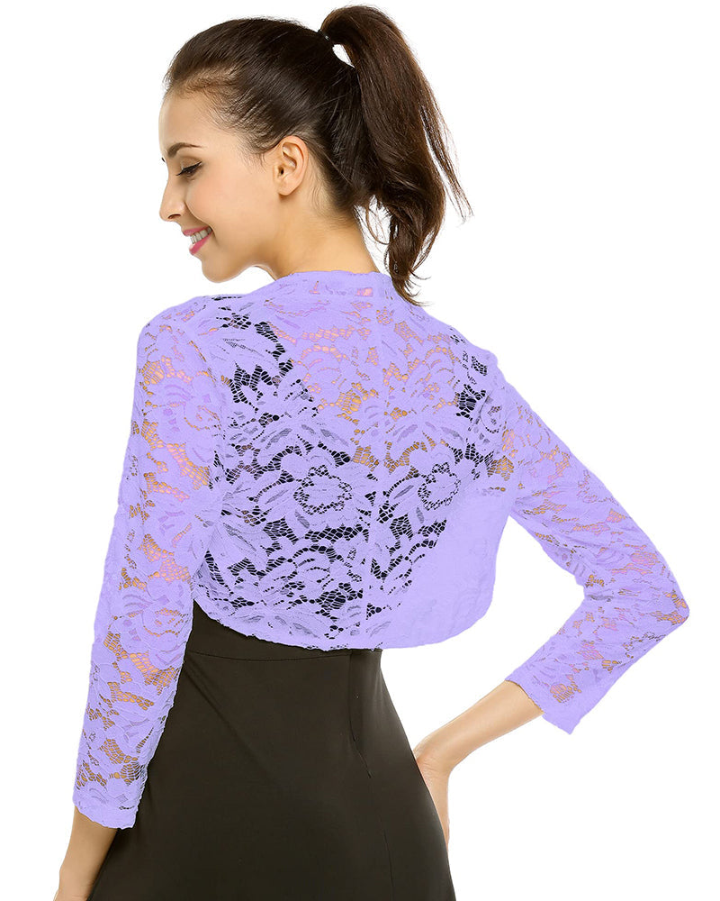 Women's 3 4 Sleeve Bolero Shrugs Crochet Lace Open Cardigan - Zeagoo (Us Only)