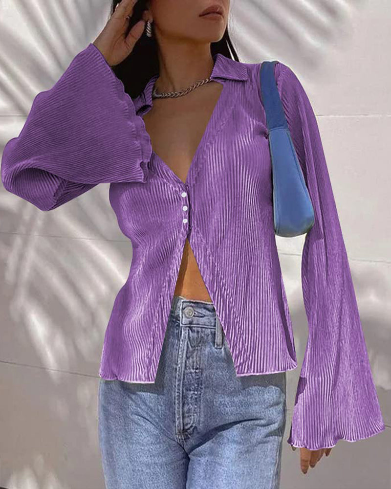 Women's Deep V Neck Shirt Button Front Blouse Bell Long Sleeve Tops - Zeagoo (Us Only)
