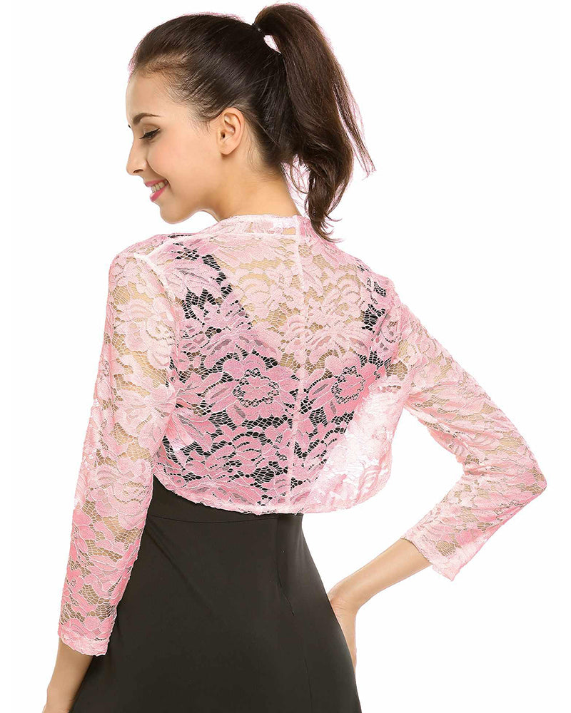 Women's 3 4 Sleeve Bolero Shrugs Crochet Lace Open Cardigan - Zeagoo (Us Only)