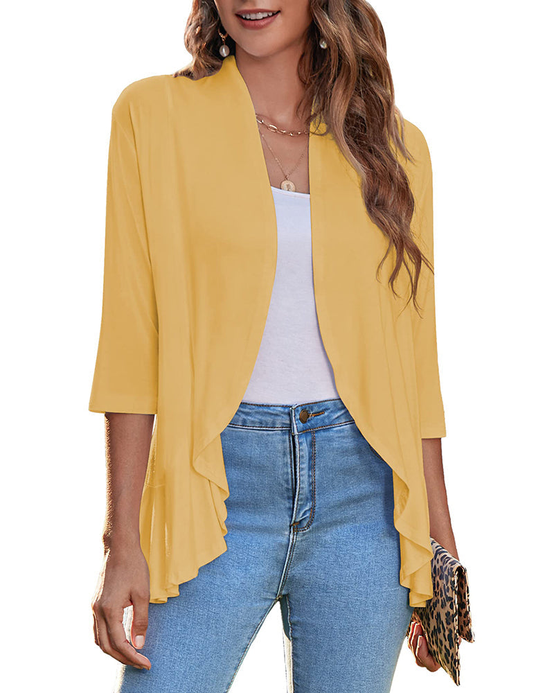Women's Open Front Cardigan 3/4 Sleeve Draped Ruffles Soft Knit Sweaters - Zeagoo (Us Only)